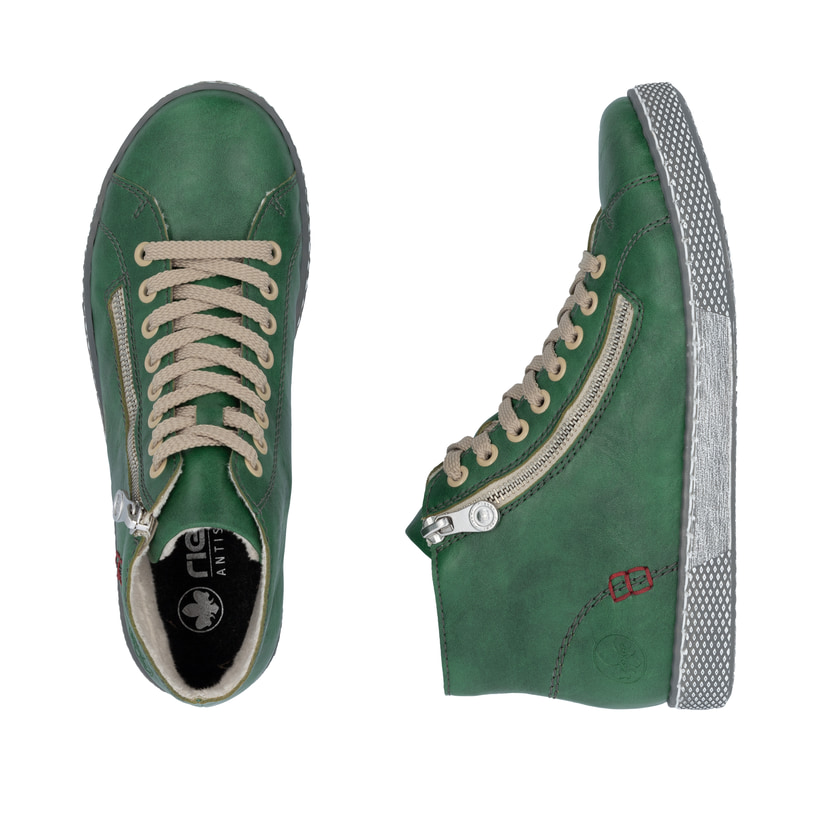 Grüne Rieker Damen Schnürstiefel Z1221-53 mit modernen Ziernähten. Schuh von oben, liegend.