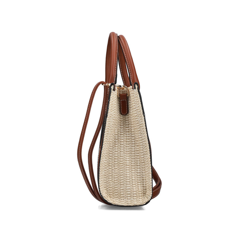 Sac à main Rieker H1013-60 beige avec aspect raphia et fermeture éclair. Côté droit.