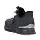 Petrolfarbene Rieker Damen Slipper N1455-14 mit easy Hineinschlüpf-Möglichkeit. Schuh von hinten.