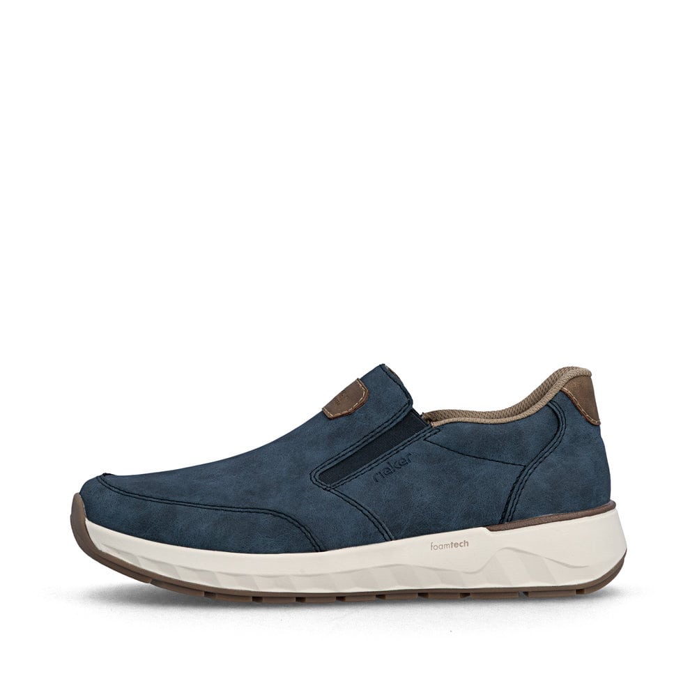 Mocassins Rieker bleus pour homme 11550-15 avec bande élastique. Côté extérieur de la chaussure.