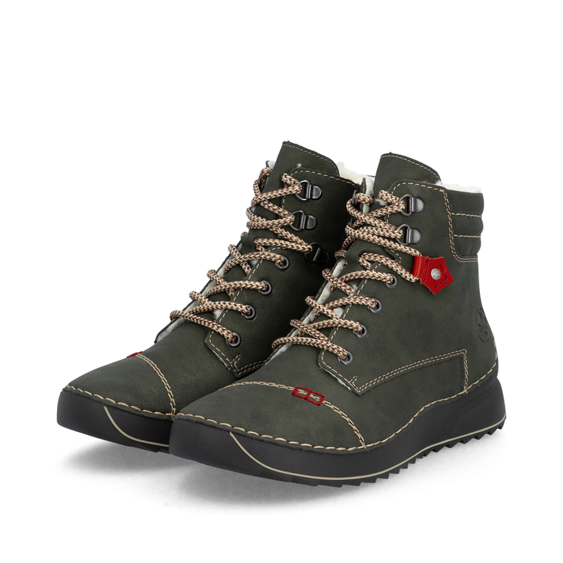Graugrüne Rieker Damen Schnürstiefel 51545-54 mit Schnürung und Reißverschluss. Schuhpaar schräg.