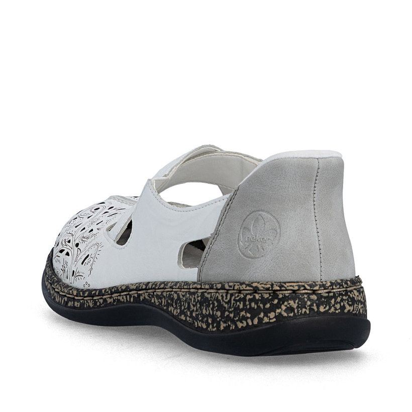 Ballerines Rieker blanches pour femme 46352-80 en cuir lisse. Chaussure vue de l'arrière.