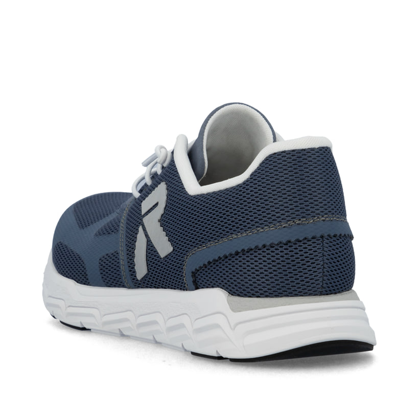 Blaue Rieker Damen Sneaker Low M9000-12 mit Gummischnürung sowie flexibler Sohle. Schuh von hinten.