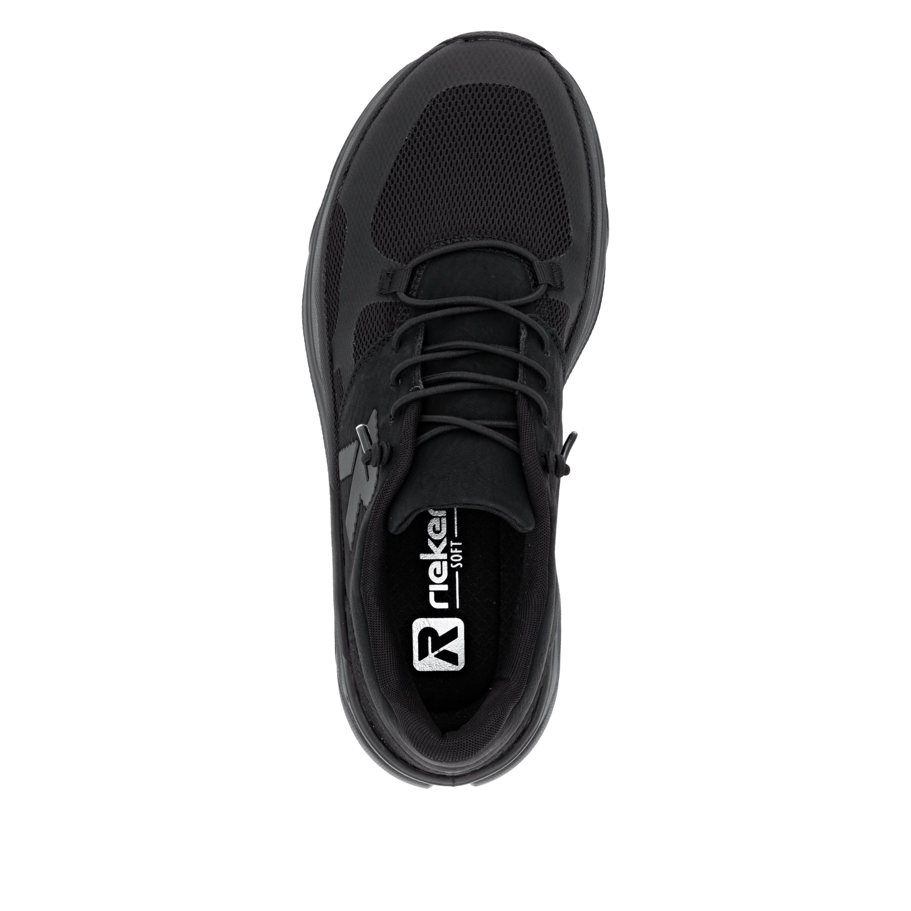 Schwarze Rieker Herren Sneaker Low U3500-01 mit Schnürung sowie dämpfender Sohle. Schuh von oben.