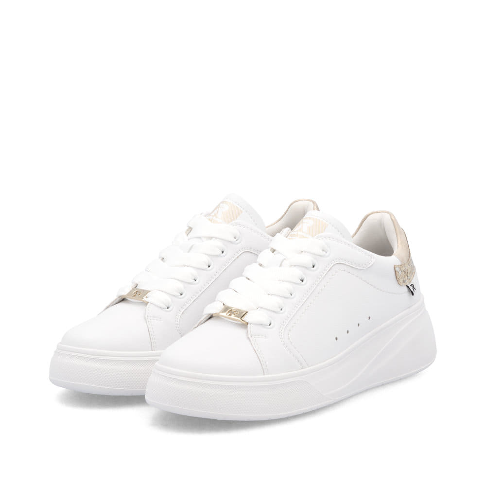 Weiße Rieker Damen Sneaker Low W2303-80 mit einer Schnürung. Schuhpaar seitlich schräg.