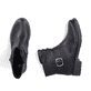Schwarze Rieker Damen Biker Boots 79462-00 mit dekorativer Schnalle. Schuh von oben, liegend.