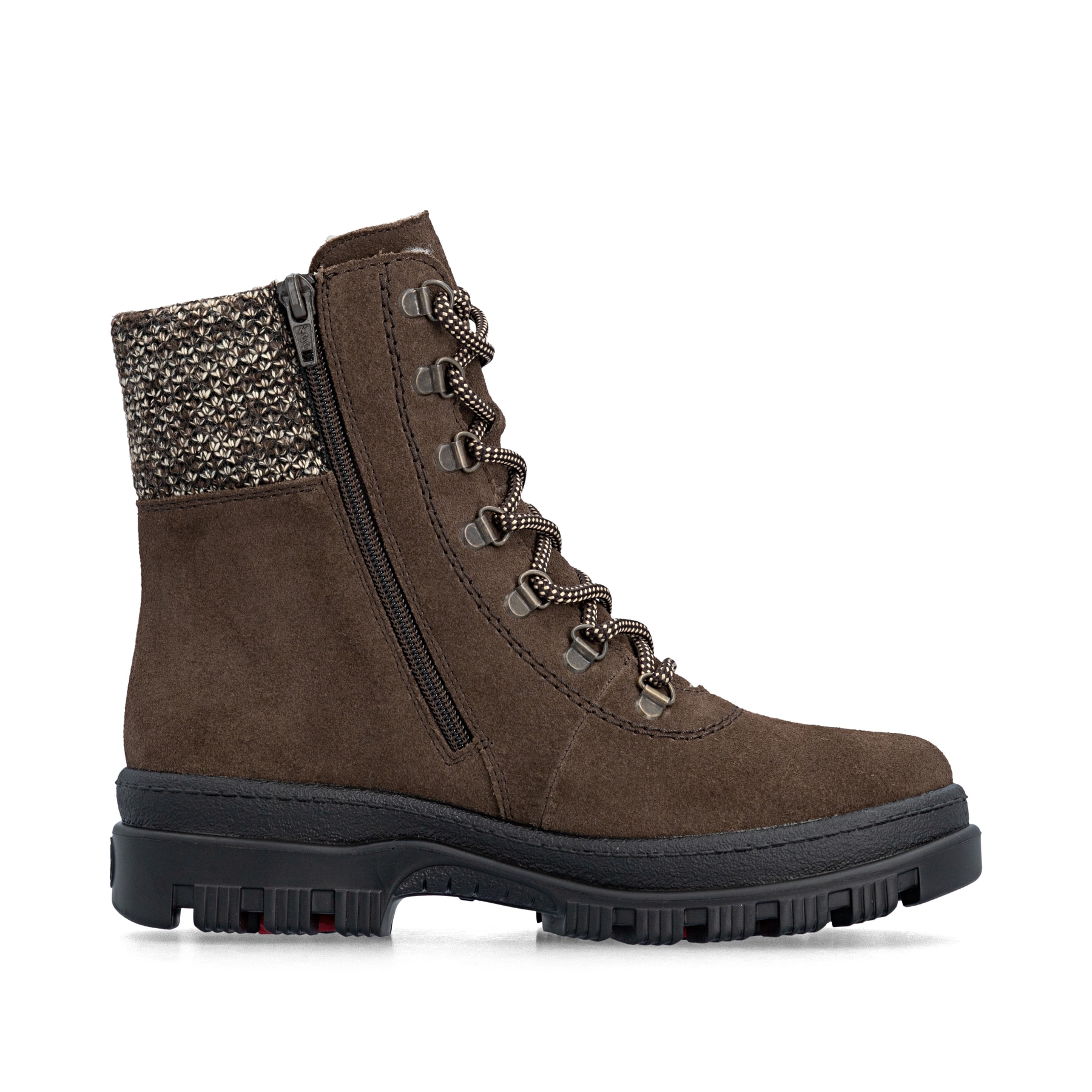 Dunkelbraune Rieker Damen Schnürstiefel X8233-25 aus Rauleder. Schuh Innenseite.