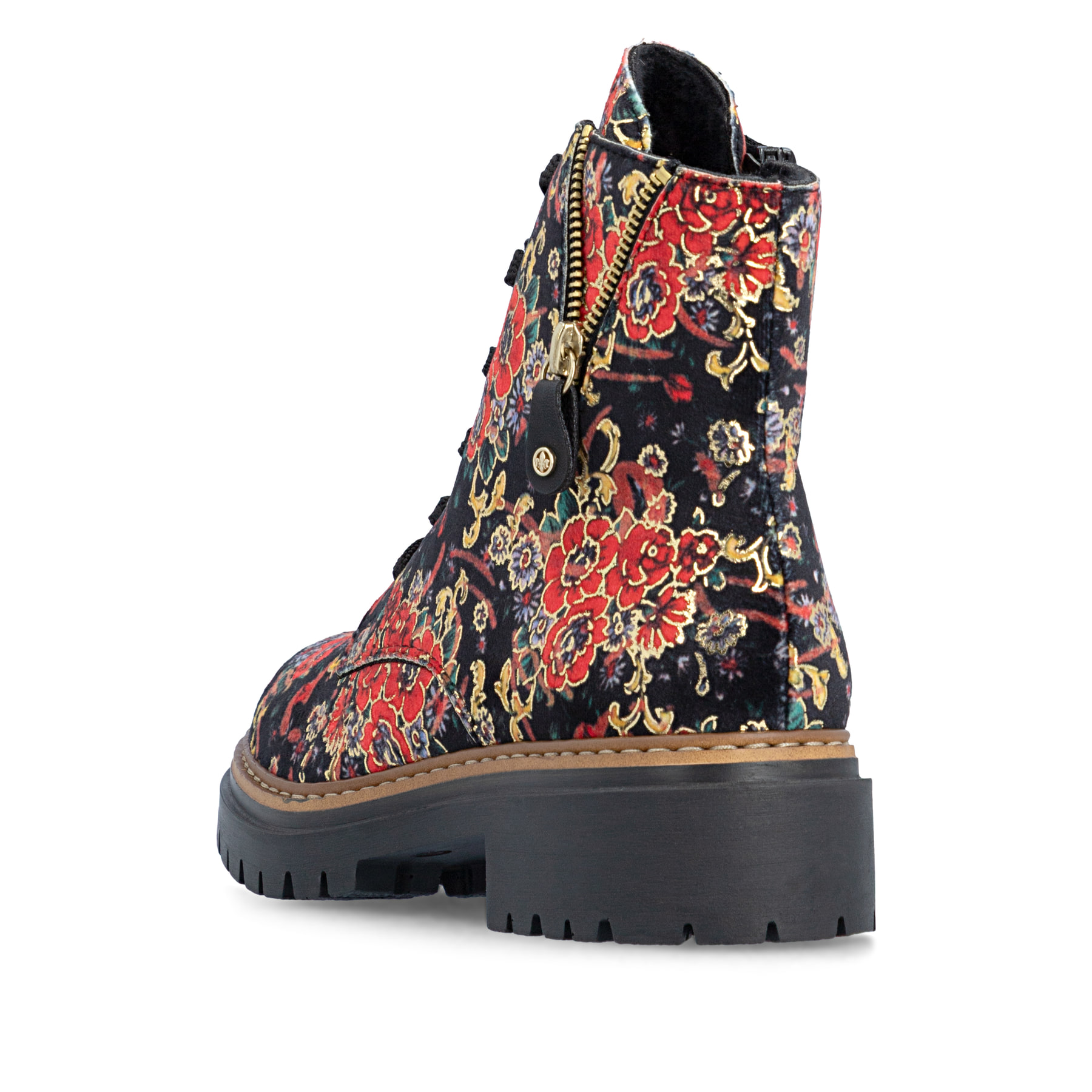 Schwarz-rote Rieker Damen Biker Boots 72617-90 mit Deko-Reißverschluss. Schuh von hinten.