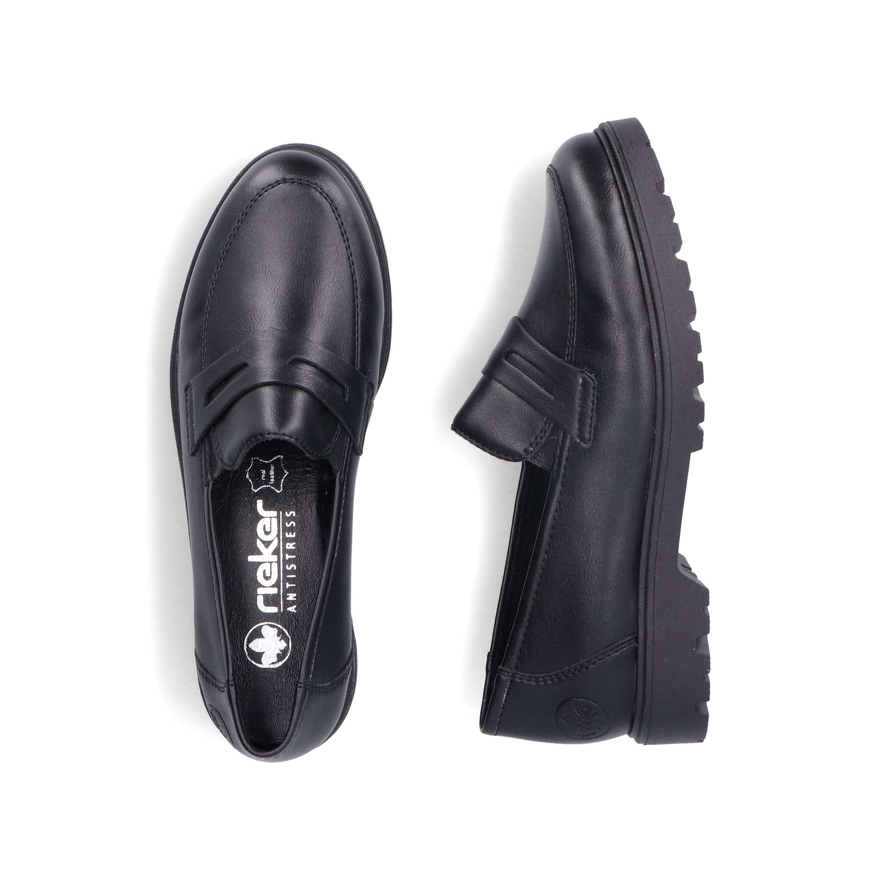 Mocassins Rieker noirs pour femmes 45560-02 avec bande élastique. Chaussure vue de dessus, couchée.