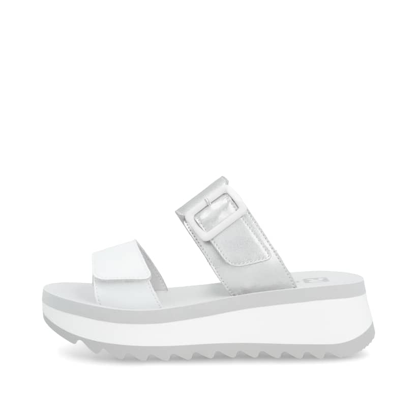 Weiße Rieker Damen Pantoletten W3050-90 mit einem Klettverschluss. Schuh Außenseite.