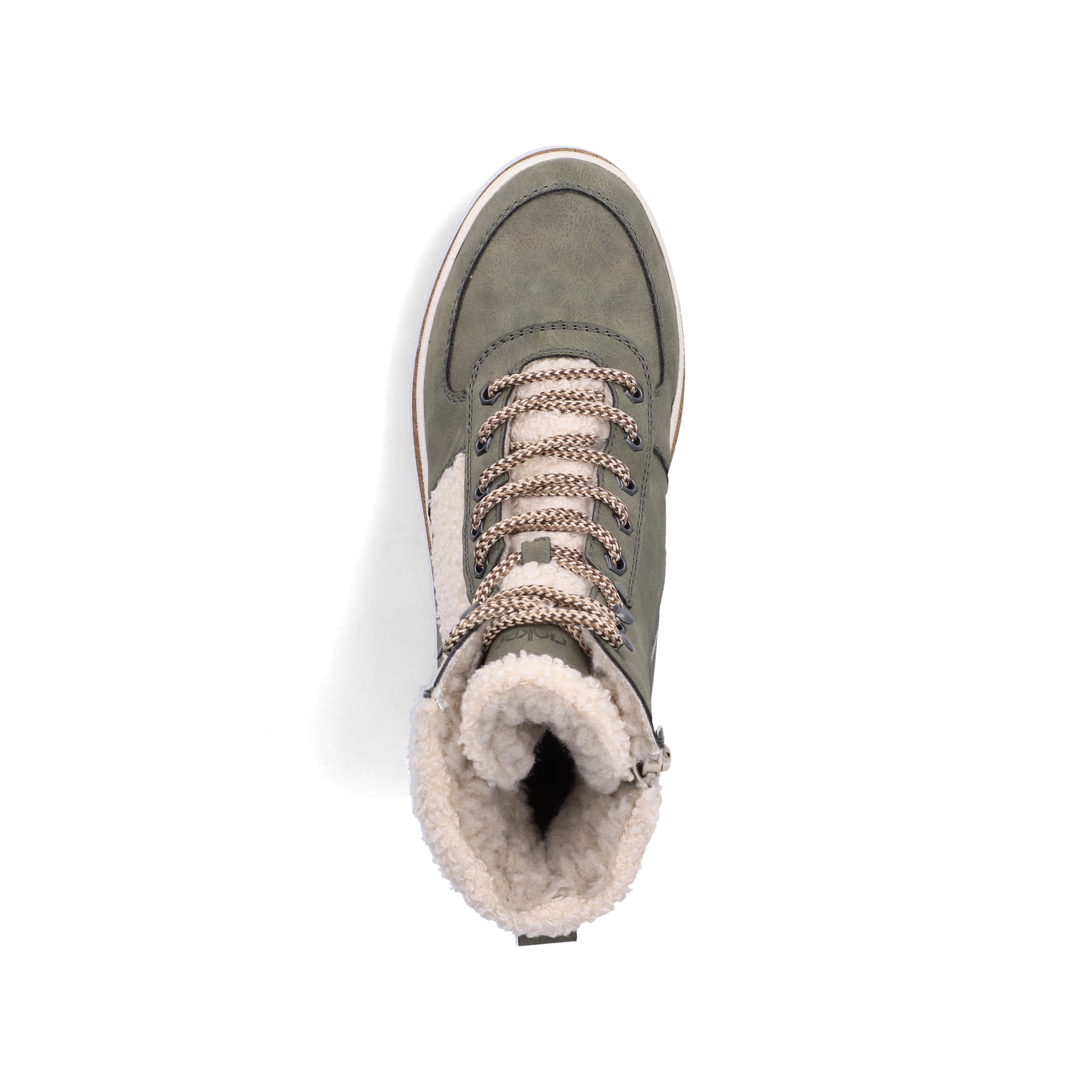 Vegane, khaki-beige Rieker Damen Schnürstiefel Y6214-54 mit Teddyfell-Details. Schuh von oben.