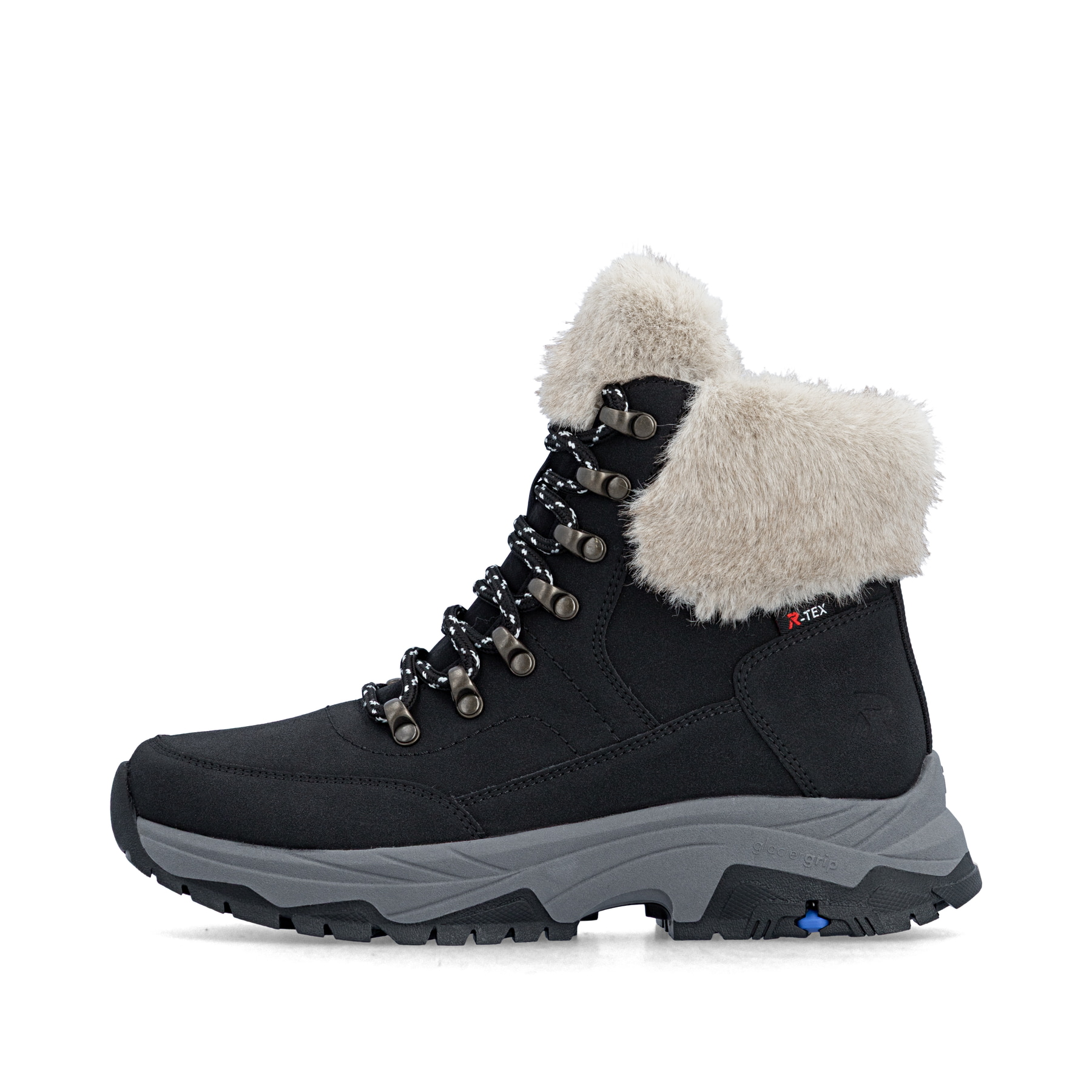 Schwarz-beige Rieker Damen Schnürstiefel Z3971-00 aus Rauleder mit Glacier Grip. Schuh Außenseite.