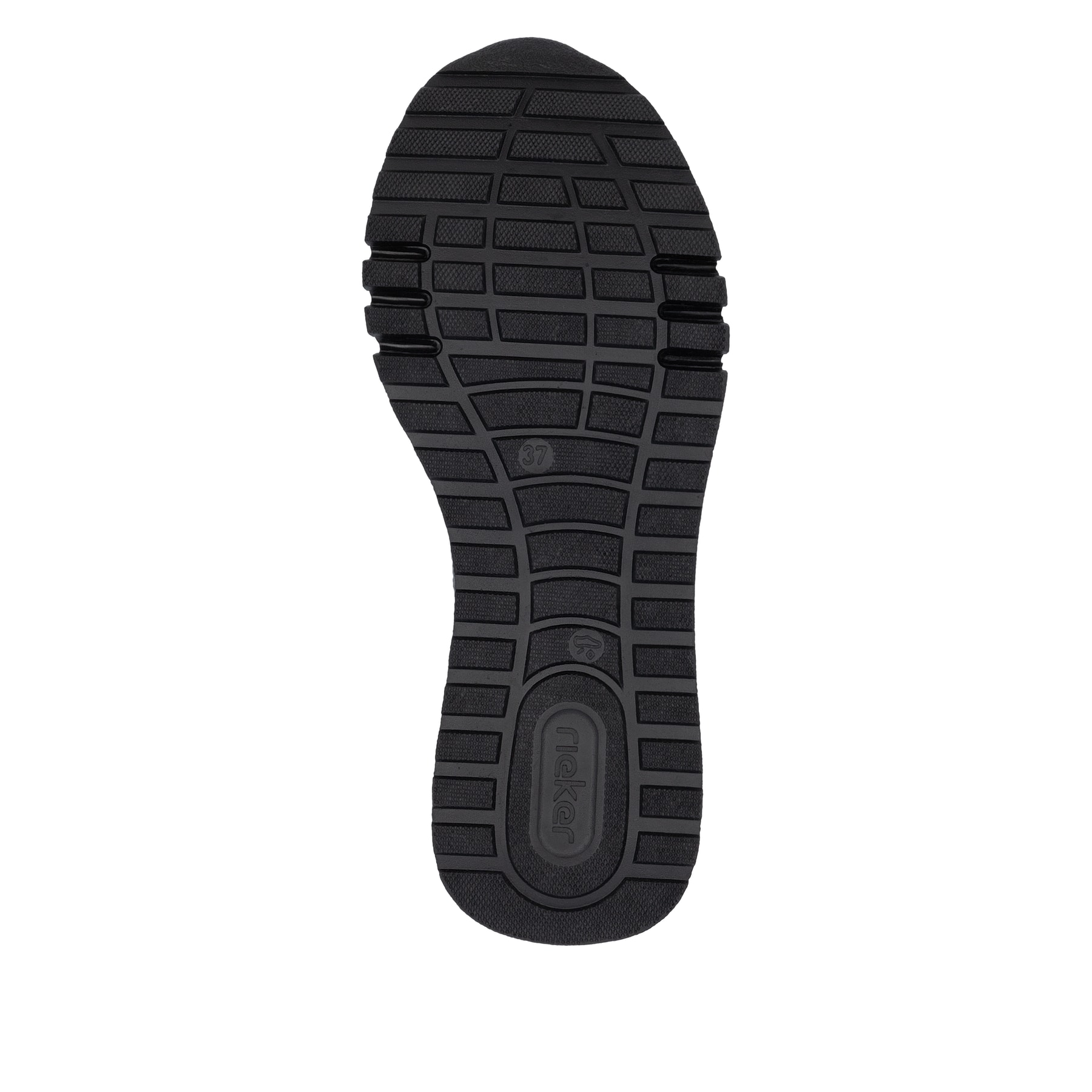 Mocassins Rieker rouges pour femme 49051-35 avec chaîne décorative. Semelle extérieure de la chaussure.