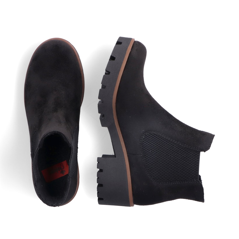 Schwarze Rieker Damen Chelsea Boots 79265-00 mit einem Gummizug. Schuh von oben, liegend.