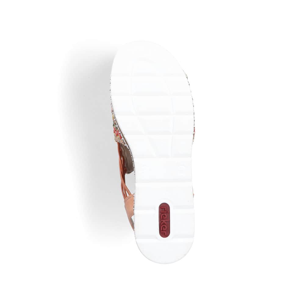 Orangene Rieker Keilsandaletten V1241-90 mit Gummizug sowie schmaler Passform E. Schuh Laufsohle.