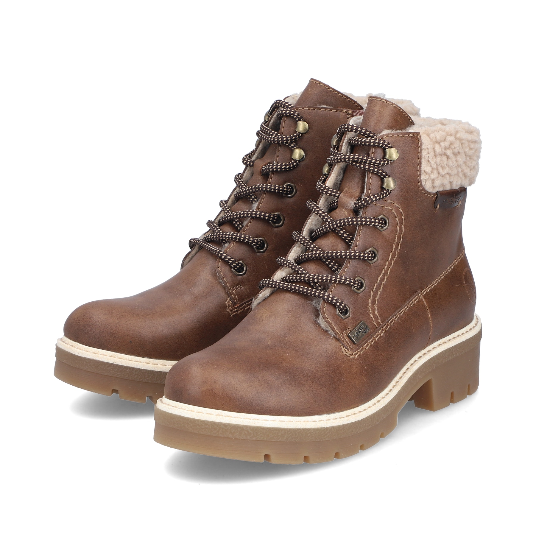 Braune Rieker Damen Schnürstiefel Y8118-22 mit wasserabweisender TEX-Membran. Schuhpaar seitlich schräg.