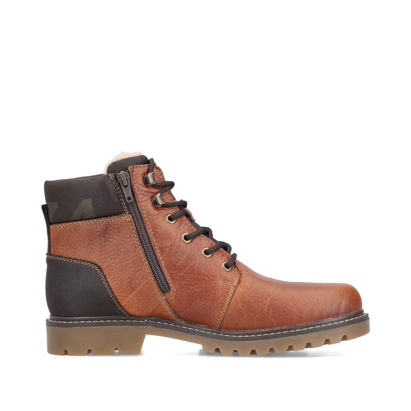 Braune Rieker Herren Schnürstiefel 38832-22 mit wasserabweisender TEX-Membran. Schuh von hinten.