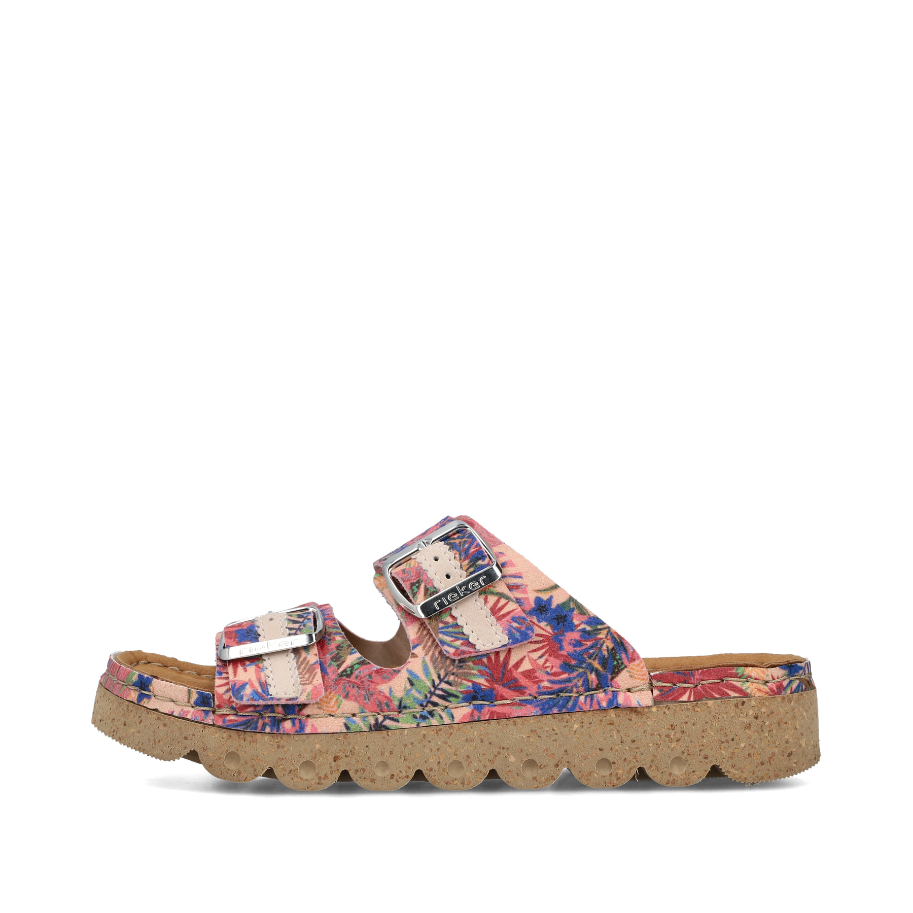 Mehrfarbige Rieker Damen Pantoletten V8751-90 mit einem Schnallen. Schuh Außenseite.
