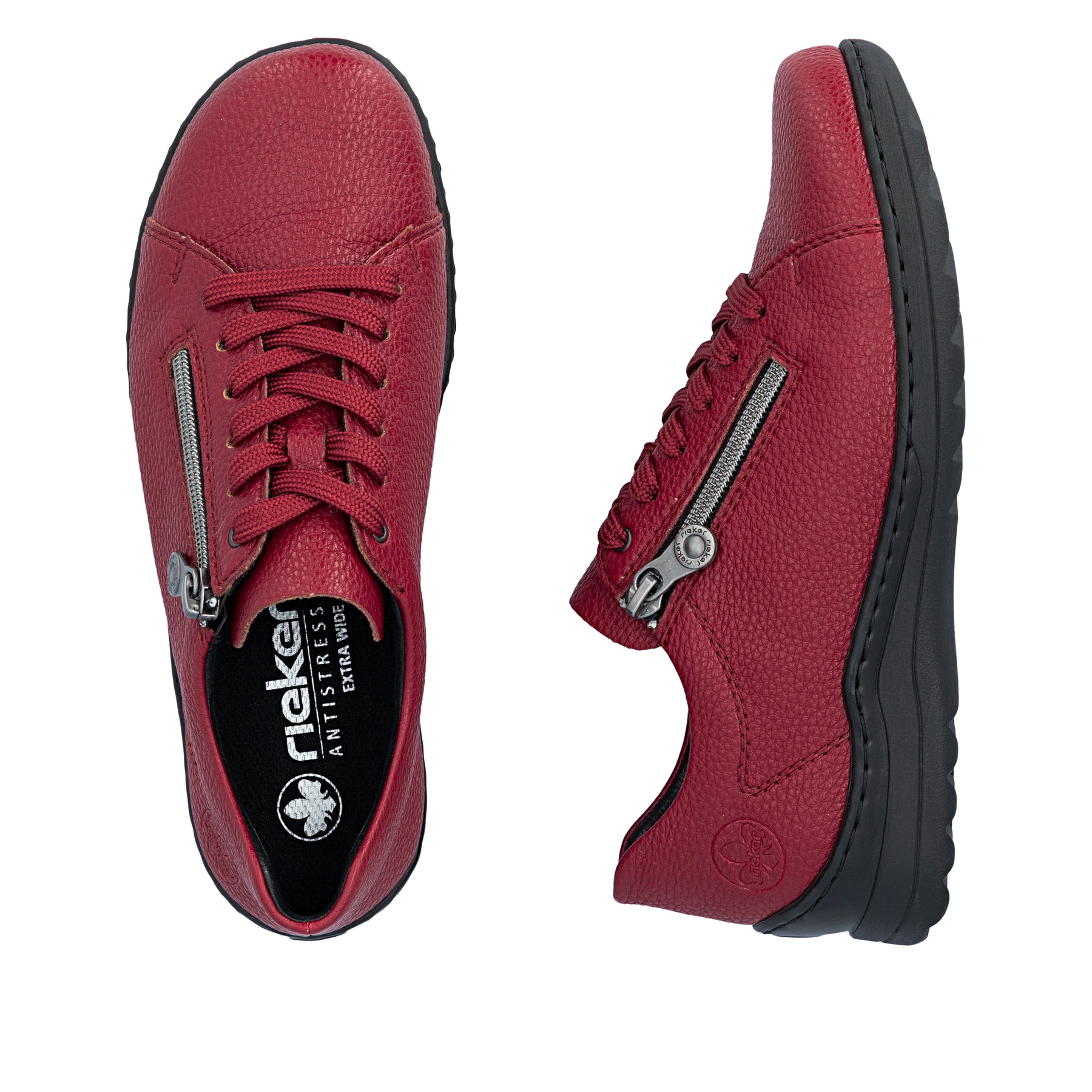 Chaussures à lacets Rieker rouges femmes 48901-35 avec fermeture éclair. Chaussure vue de dessus, couchée.