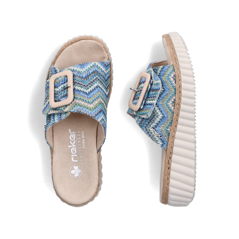 Mehrfarbige Rieker Damen Pantoletten 69253-90 mit trendigen Schnalle. Schuh von oben, liegend.