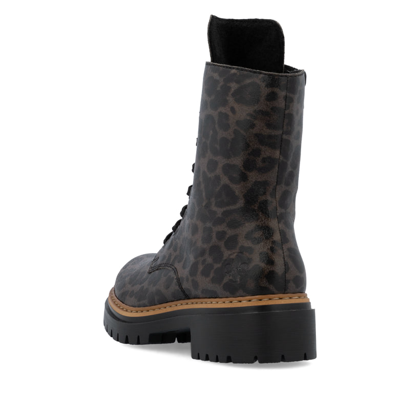 Mehrfarbige Rieker Damen Biker Boots 72627-90 mit Leo-Print sowie Reißverschluss. Schuh von hinten.