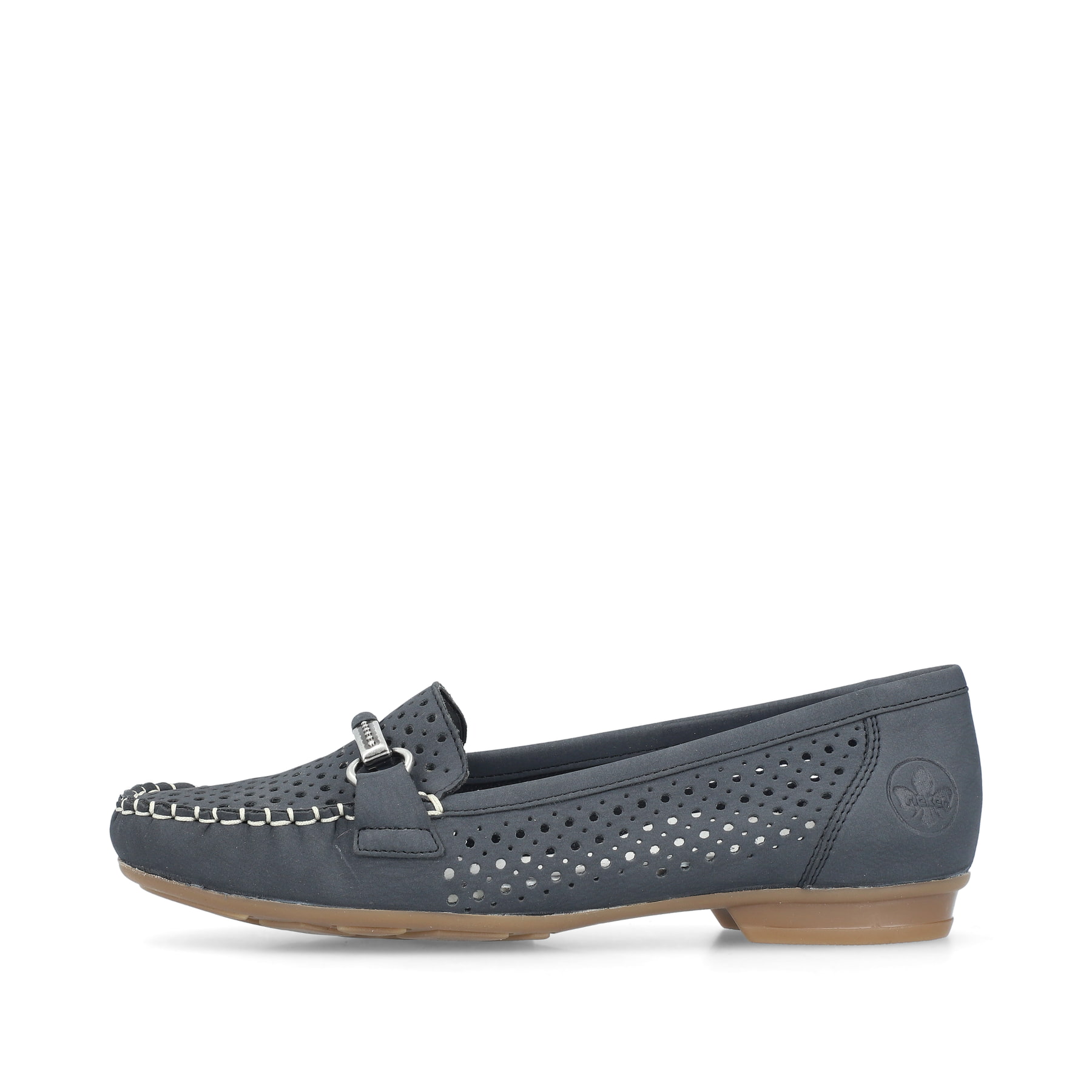 Blaue Rieker Damen Loafer 40065-15 mit der schmalen Passform E 1/2. Schuh Außenseite.