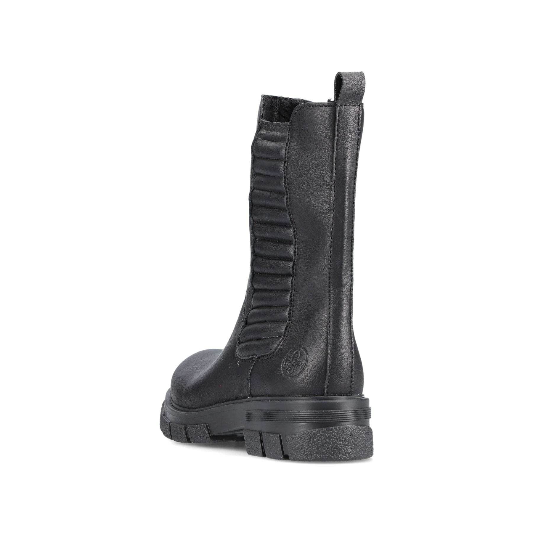 Tiefschwarze Rieker Damen Chelsea Boots Z9181-00 mit einer robusten Profilsohle. Schuh von hinten