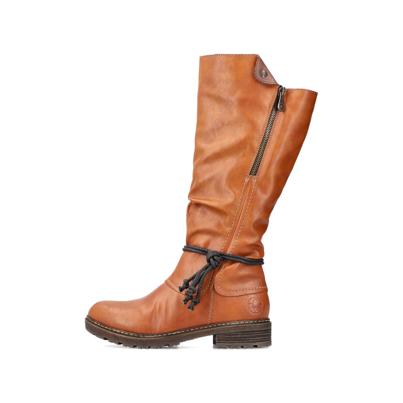 
Karamellbraune Rieker Damen Hochschaftstiefel Z4758-24 mit einer Profilsohle. Schuh Außenseite