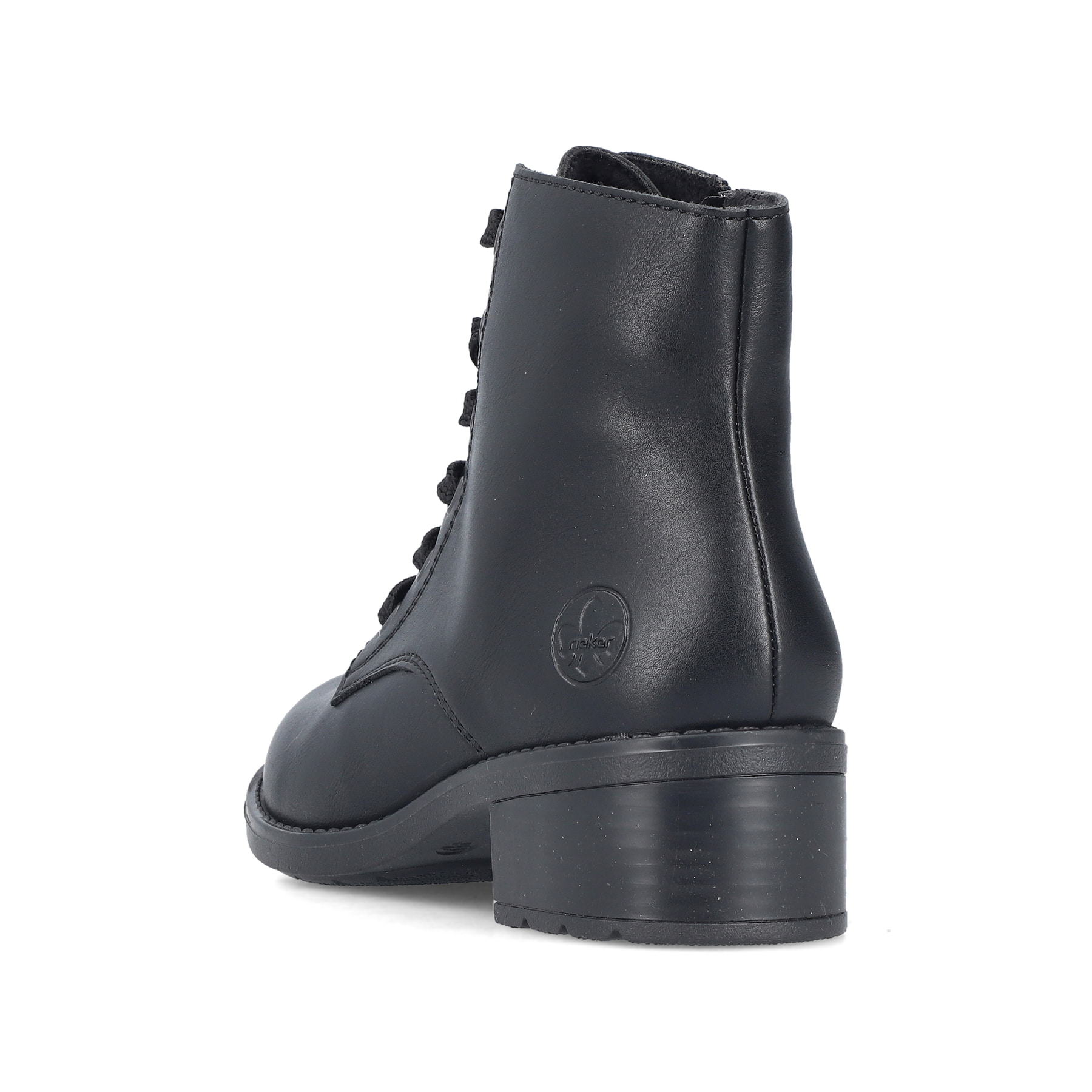 Schwarze Rieker Damen Schnürstiefel 75433-00 mit einem Reißverschluss. Schuh von hinten.