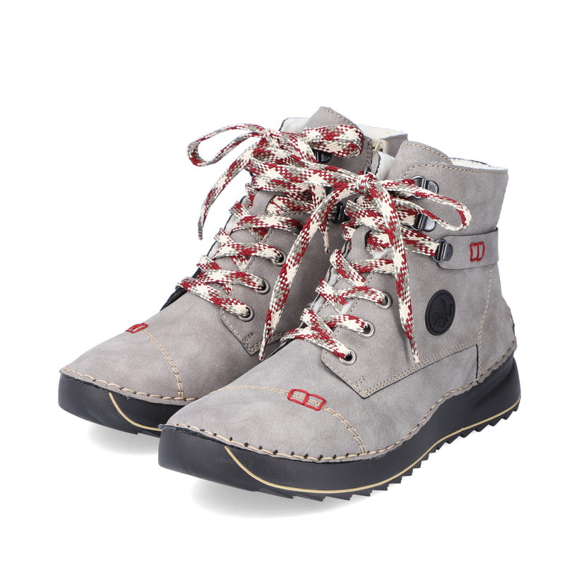 Mondgraue Rieker Damen Schnürstiefel 51544-64 mit einem Reißverschluss. Schuhpaar seitlich schräg.