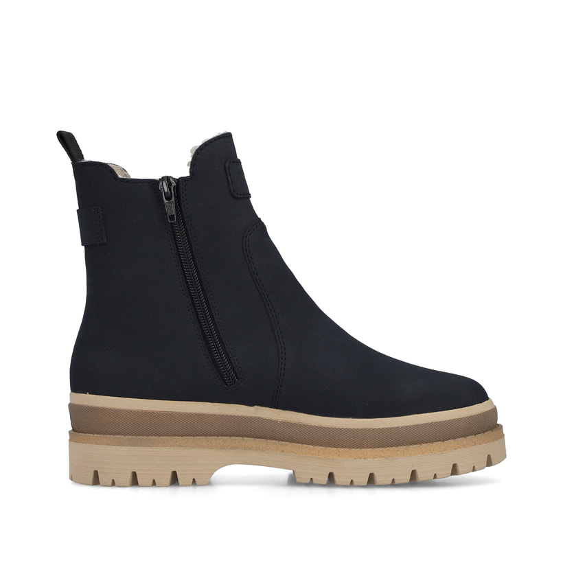 Dunkelblau-beige Rieker Damen Chelsea Boots Y6260-14 mit einem Reißverschluss. Schuh Innenseite.