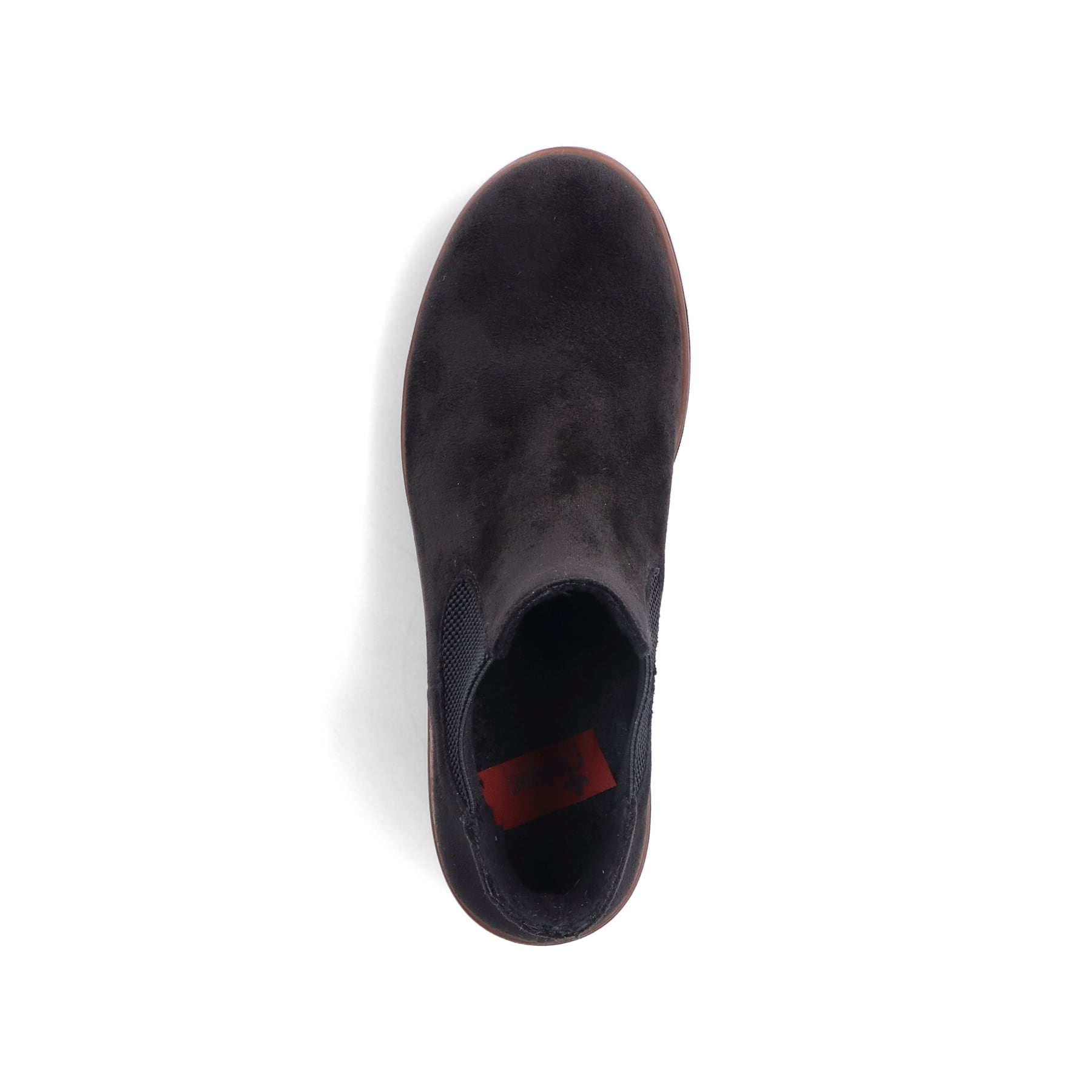 Chelsea Boots Rieker noires pour femme 79265-00 avec bande élastique. Semelle extérieure de la chaussure.