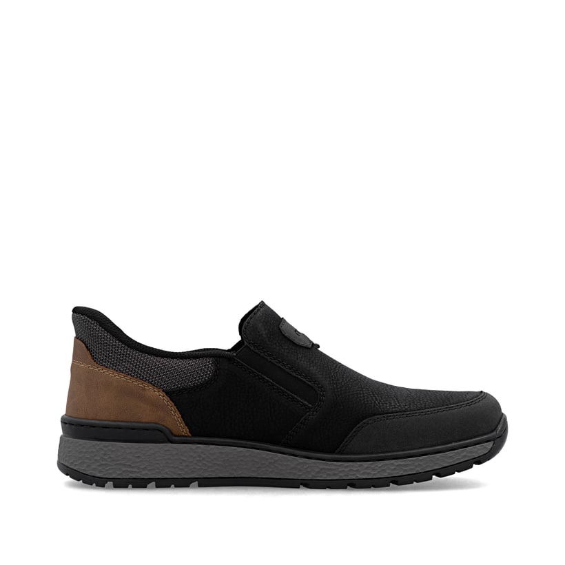 Mocassins Rieker noirs pour homme B9057-00 avec bande élastique. Chaussure vue de l'arrière.