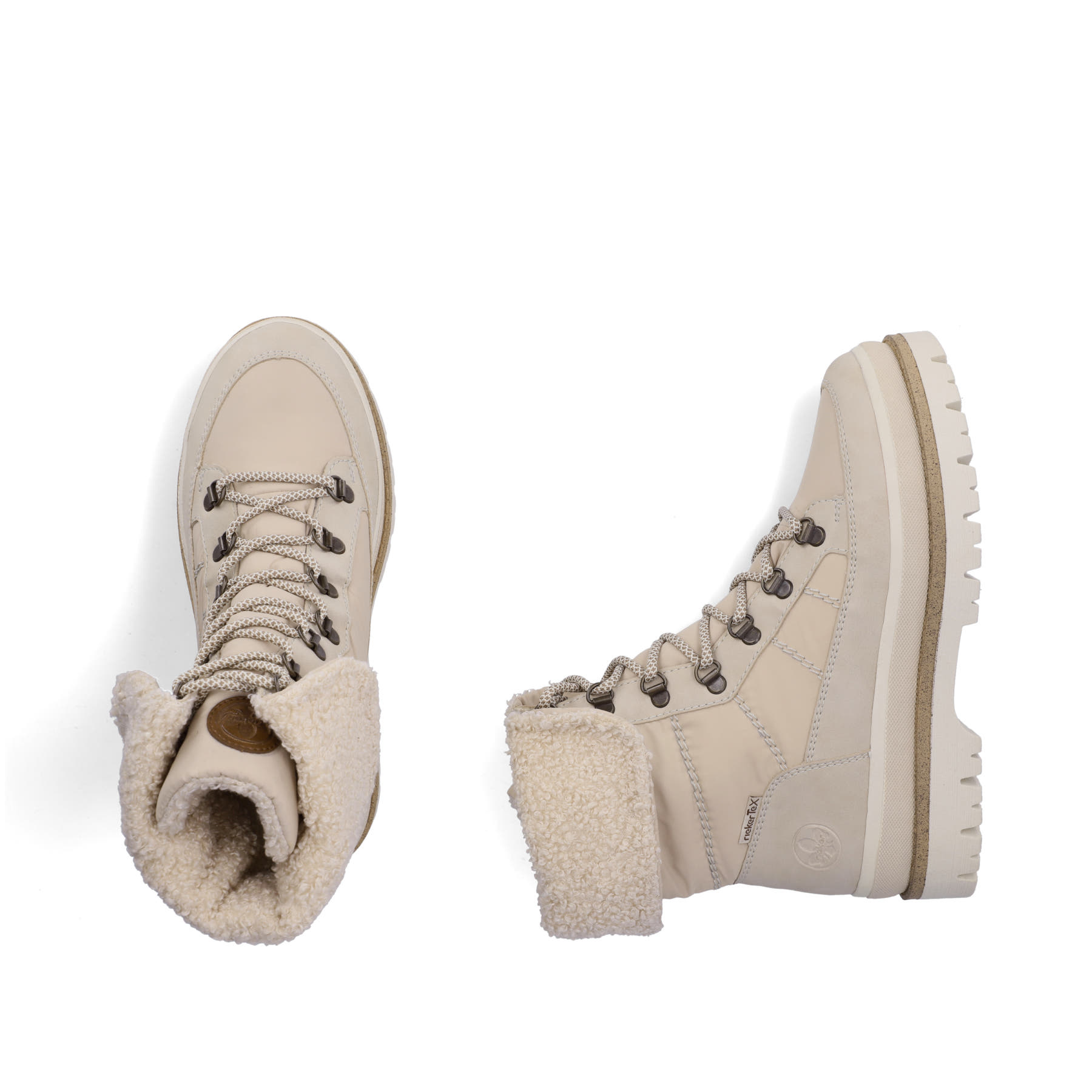 Beige Rieker Damen Schnürstiefel Y6200-62 mit wasserabweisender TEX-Membran. Schuh von oben, liegend.