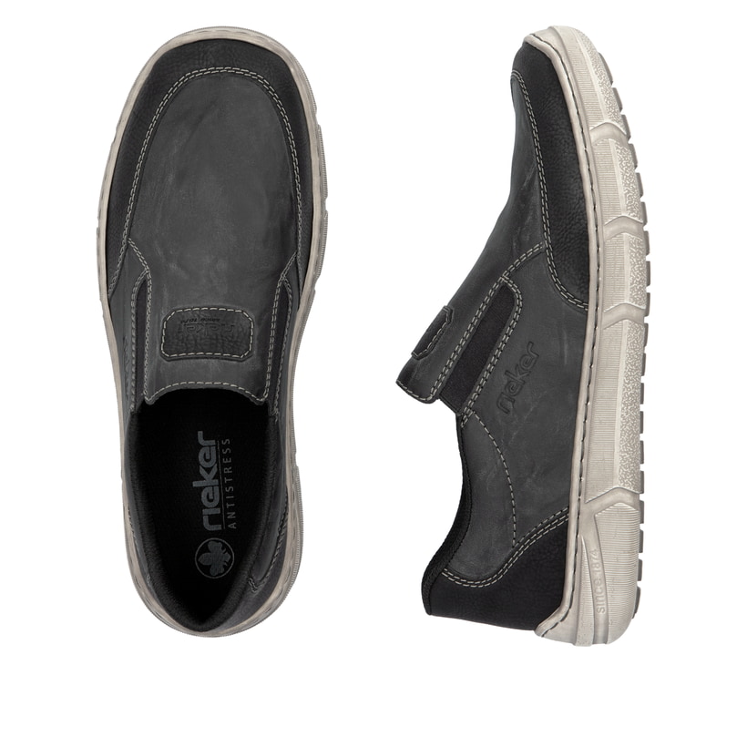 Graue Rieker Herren Slipper 04054-45 mit Elastikeinsatz sowie der Extraweite H. Schuh von oben, liegend.
