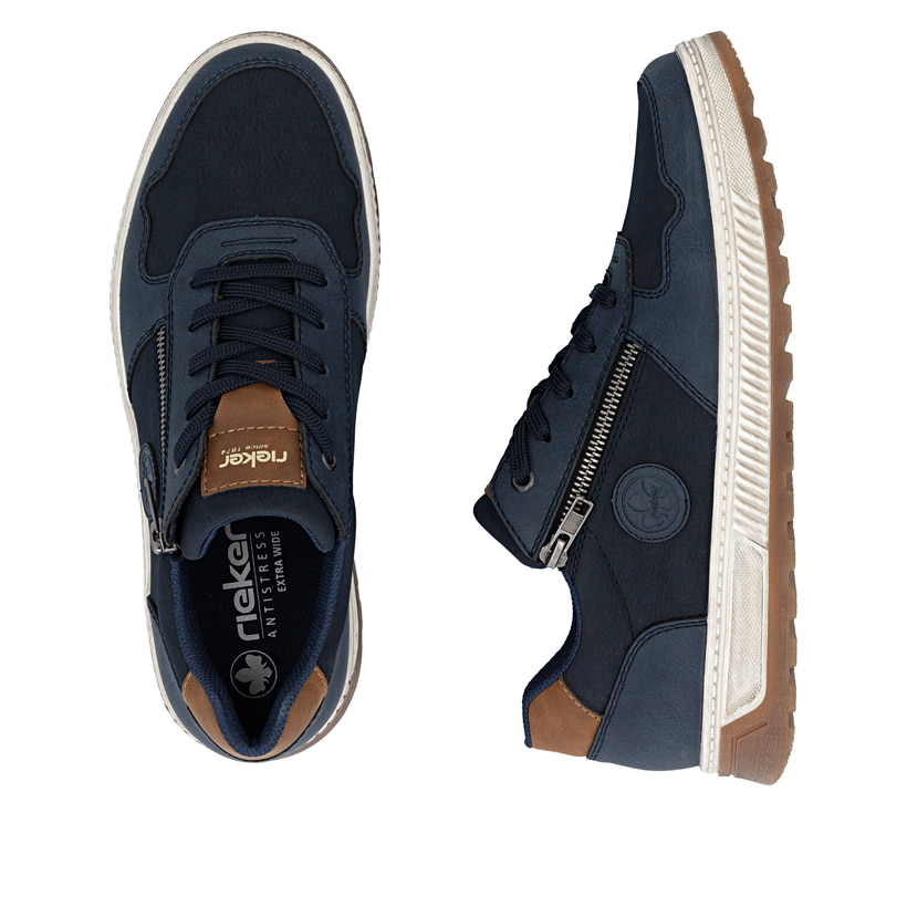 Baskets basses Rieker bleues pour homme 37029-14 avec détails marrons. Chaussure vue de dessus, couchée.