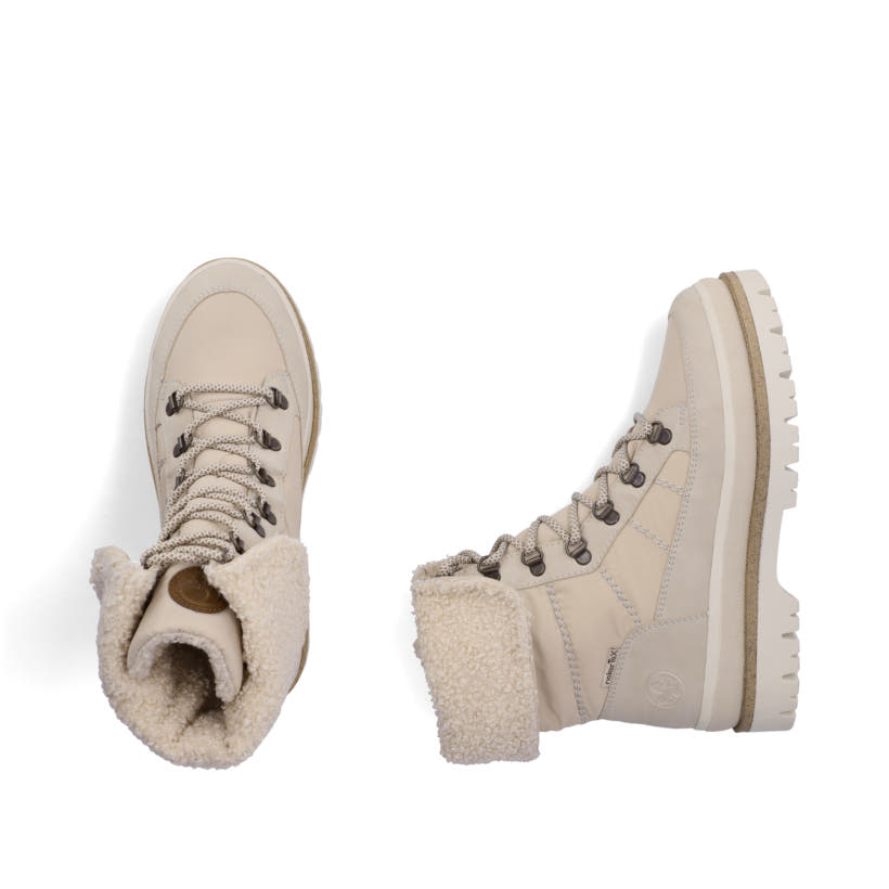 Beige Rieker Damen Schnürstiefel Y6200-62 mit wasserabweisender TEX-Membran. Schuh von oben, liegend.