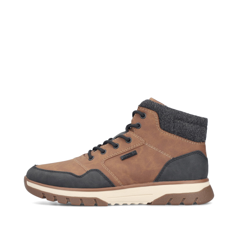 Schwarz-braune Rieker Herren Schnürstiefel B9340-24 mit einem Reißverschluss. Schuh Außenseite.