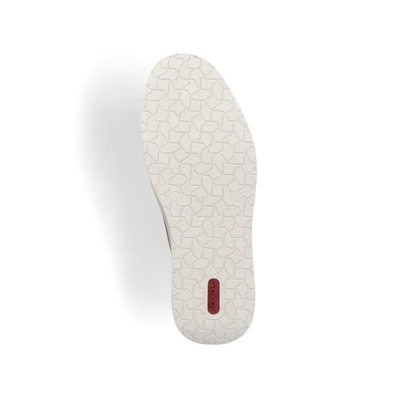 Mocassins marron Rieker pour hommes B2264-24avec une couture moderne et un élastique. Vue semelle extérieure de la chaussure.
