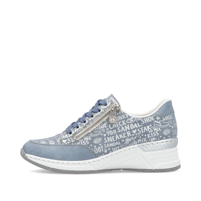 Blaue Rieker Damen Sneaker Low N4316-13 mit Reißverschluss sowie Komfortweite G. Schuh Außenseite.
