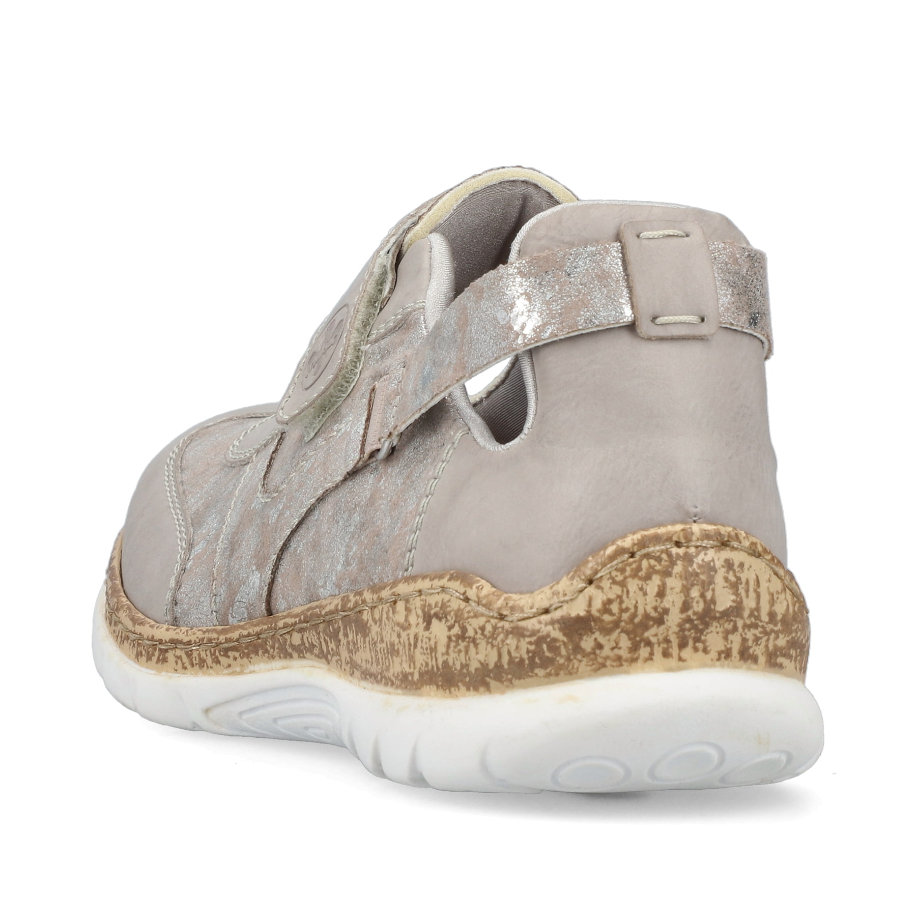 Mehrfarbige Rieker Ballerinas N4258-90 mit einem Klettverschluss. Schuh von hinten.