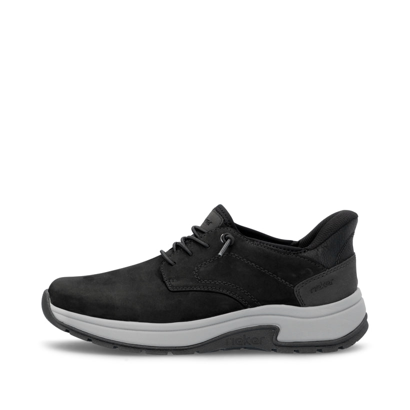 Tiefschwarze Rieker Herren Slipper 11050-00 mit praktischer Slip-in Funktion. Schuh Außenseite.