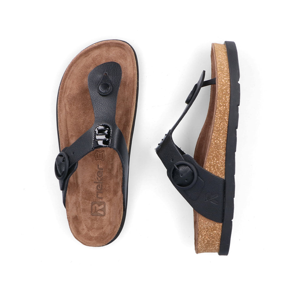 Tongs Rieker noires pour femme V3150-00 en cuir lisse avec boucles. Chaussure vue de dessus, couchée.