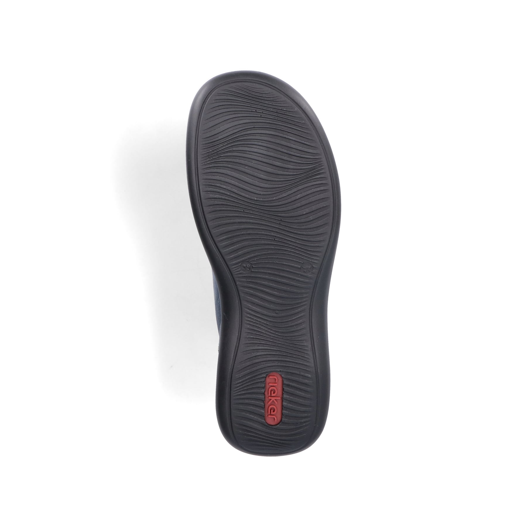 Blaue Rieker Damen Slipper 46369-12 mit Gummizug sowie extra weicher Decksohle. Schuh Laufsohle.