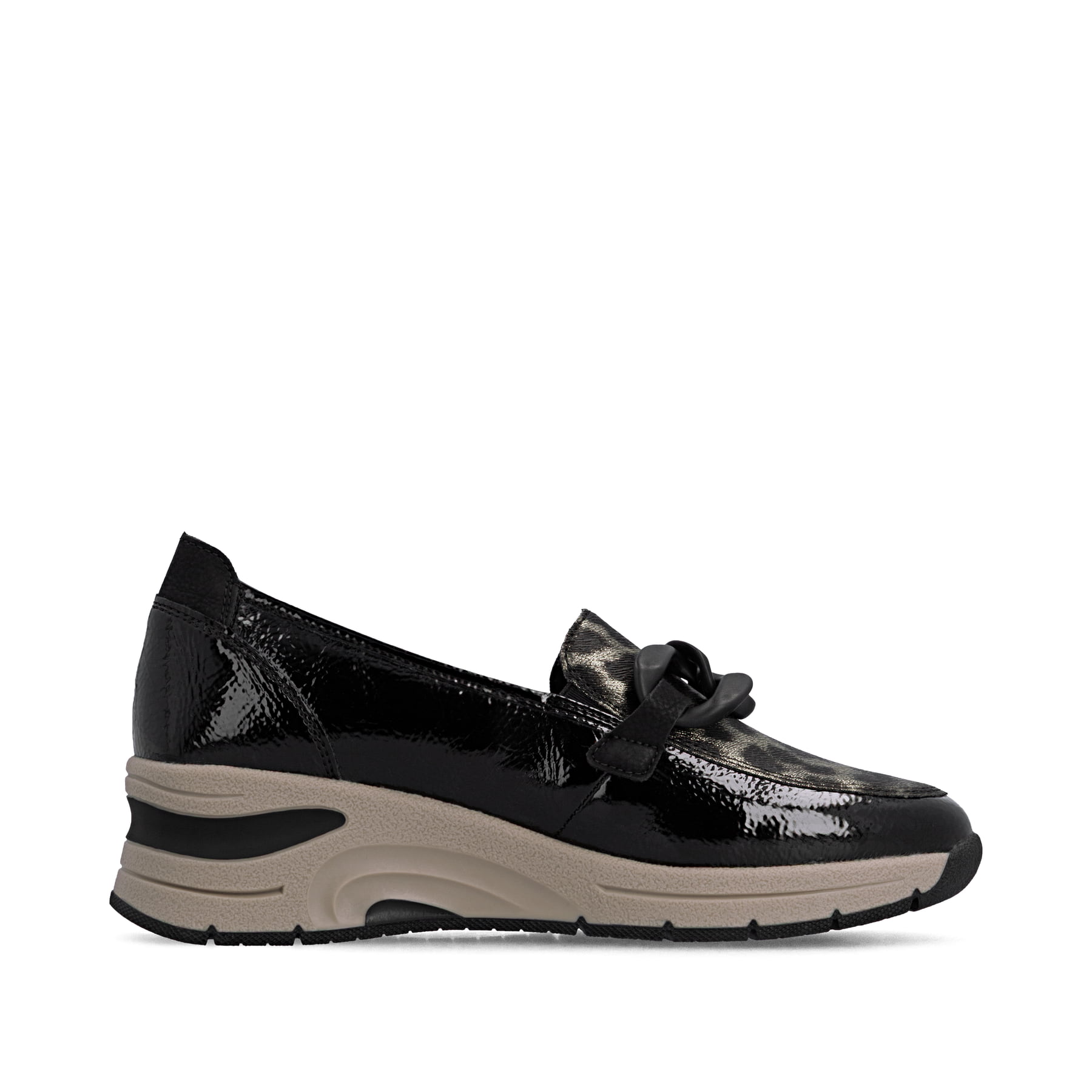 Schwarze Rieker Damen Loafer N9350-00 mit Deko-Kette sowie einem Gummizug. Schuh Innenseite.