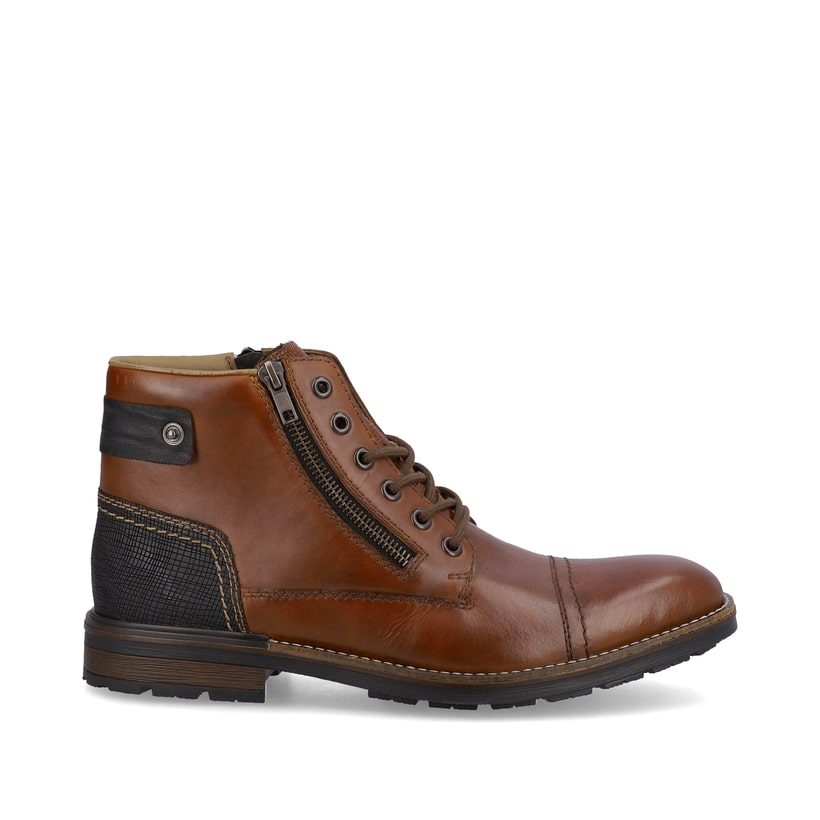 Braune Rieker Herren Schnürstiefel F1340-24 aus Glattleder mit Reißverschluss. Schuh Außenseite gespiegelt.