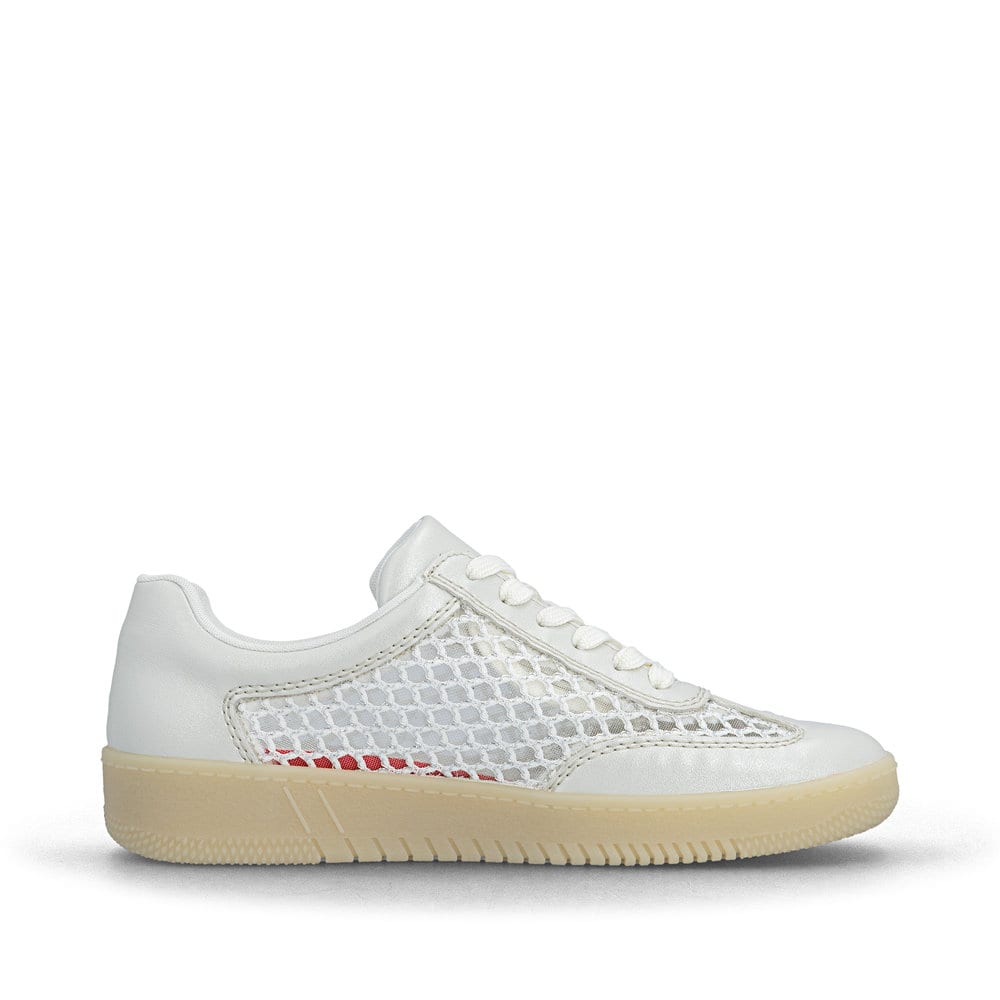 Beige Rieker Damen Sneaker Low M5521-90 mit metallischem Finish sowie Schnürung. Schuh Innenseite.