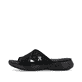 Schwarze vegane Rieker Damen Pantoletten V2105-00 mit einer ultraleichten Sohle. Schuh Außenseite.