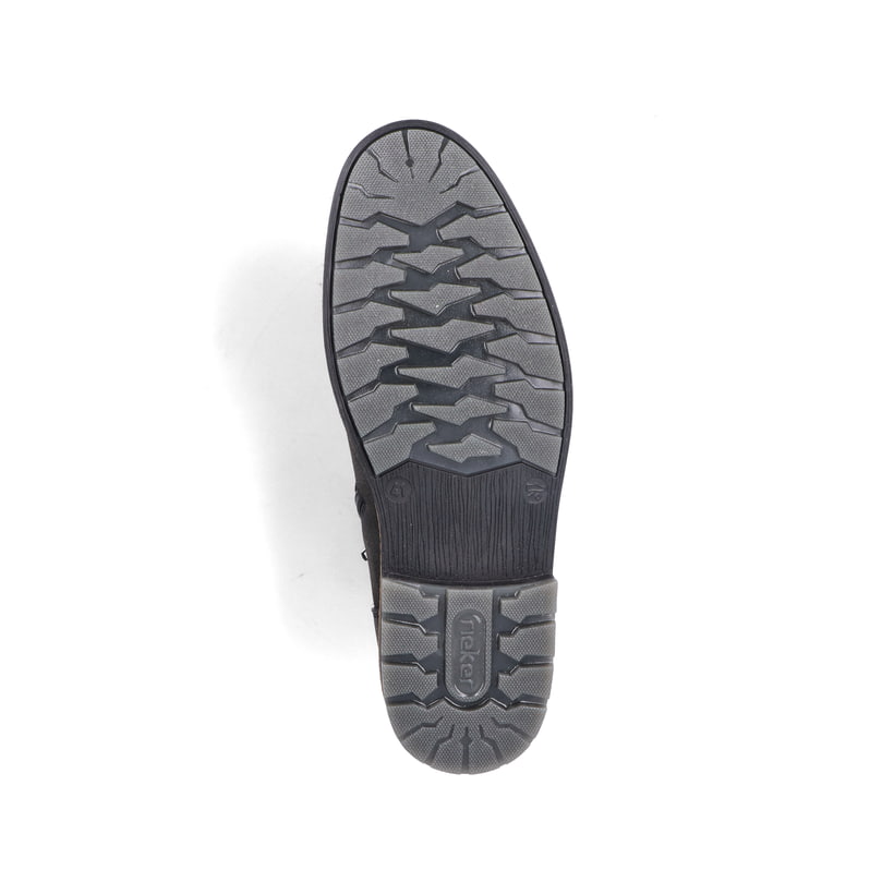 Bottes à lacets Rieker noires foncées F4521-46 avec fermeture éclair. Vue semelle extérieure de la chaussure.