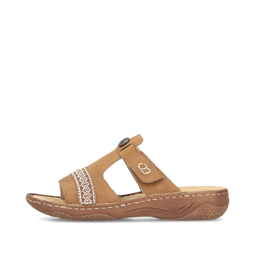 Braune Rieker Damen Pantoletten V2850-24 mit modischen Flechtelementen. Schuh Außenseite.
